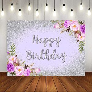 Avezano Purple and Silver Birthday Backdrop Purple Flower Sliver Bokeh Dots Birthday Party Background Adults Women Men 30th 40th 50th 60th 70th Birthday Party Banner Backdrops (7x5, Purple)