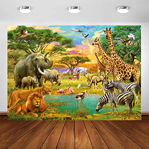 7x5FT Tropical Forest Safari Backdrop African Jungle Animal Photography Background Elephant Lion Giraffe Photo Studio Props for Boys Birthday Party Baby Shower Newborn Photo Booth Props