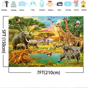 7x5FT Tropical Forest Safari Backdrop African Jungle Animal Photography Background Elephant Lion Giraffe Photo Studio Props for Boys Birthday Party Baby Shower Newborn Photo Booth Props