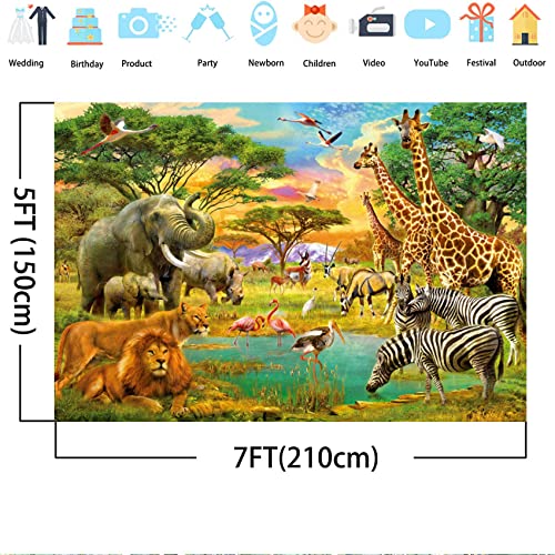 7x5FT Tropical Forest Safari Backdrop African Jungle Animal Photography Background Elephant Lion Giraffe Photo Studio Props for Boys Birthday Party Baby Shower Newborn Photo Booth Props