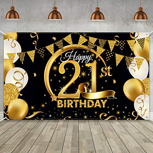 Birthday Party Decoration Extra Large Fabric Black Gold Sign Poster for Anniversary Photo Booth Backdrop Background Banner, Birthday Party Supplies, 72.8 x 43.3 Inch (21st)