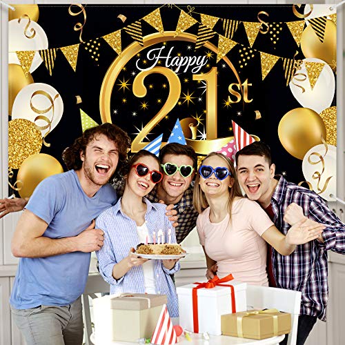 Birthday Party Decoration Extra Large Fabric Black Gold Sign Poster for Anniversary Photo Booth Backdrop Background Banner, Birthday Party Supplies, 72.8 x 43.3 Inch (21st)