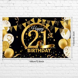 Birthday Party Decoration Extra Large Fabric Black Gold Sign Poster for Anniversary Photo Booth Backdrop Background Banner, Birthday Party Supplies, 72.8 x 43.3 Inch (21st)