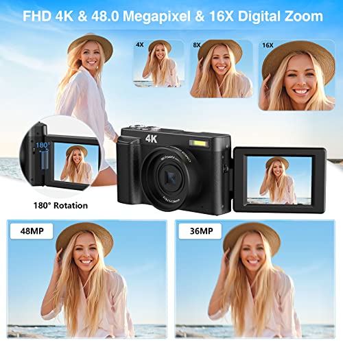 Digital Camera 4K 60FPS Auto Focus 48MP Vlogging Video Camera 16X Digital Zoom Camera with 180°Flip Screen Compact Camera for YouTube 32GB Memory Card