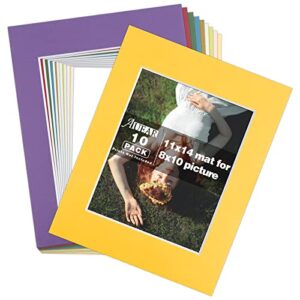 AUEAR, 10 Pack Mixed Color 11x14 Pre-Cut Acid Free Picture Mat for 8x10 Photos/Artworks/Prints with White Core Bevel Cut Framing Mats