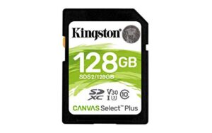 kingston 128gb sdxc canvas select plus 100mb/s read class 10 uhs-i u1 v30 memory card (sds2/128gb)