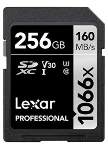lexar professional 1066x 256gb sdxc uhs-i memory card silver series, c10, u3, v30, full-hd & 4k video, up to 160mb/s read, for dslr and mirrorless cameras (lsd1066256g-bnnnu)