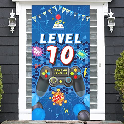 Vlipoeasn 10th Birthday Decorations for Boys 10th Video Game Birthday Door Banner Blue 10th Birthday Gamer Door Cover Sign Poster Decorations 10th Video Gamer Backdrop Party Supplies