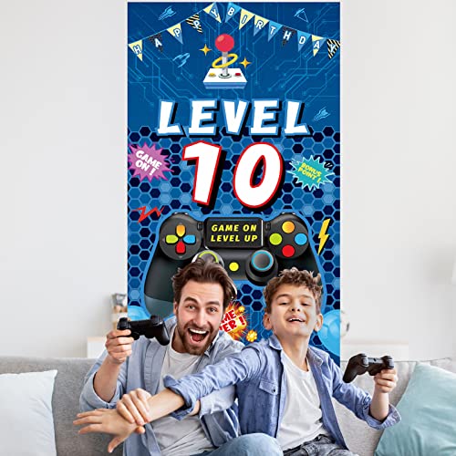 Vlipoeasn 10th Birthday Decorations for Boys 10th Video Game Birthday Door Banner Blue 10th Birthday Gamer Door Cover Sign Poster Decorations 10th Video Gamer Backdrop Party Supplies