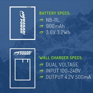 Wasabi Power Battery (2-Pack) and Charger for Canon NB-11L, NB-11LH and Canon PowerShot A2300 IS, A2400 IS, A2500, A2600, A3400 IS, A3500 IS, A4000 IS, ELPH 110 HS, ELPH 115 HS, ELPH 130 HS, ELPH 135 IS, ELPH 140 IS, ELPH 150 IS, ELPH 160, ELPH 170 IS, EL