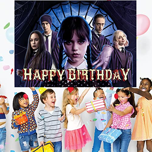 Wednesday Addams Birthday Party Supplies, Wednesday Movie Backdrop Tablecloth Kit 5x3ft Background Banner for Photography with 70” x 42” Tablecloth for Kids Birthday Gathering