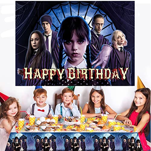 Wednesday Addams Birthday Party Supplies, Wednesday Movie Backdrop Tablecloth Kit 5x3ft Background Banner for Photography with 70” x 42” Tablecloth for Kids Birthday Gathering