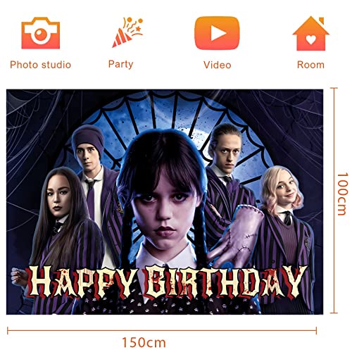 Wednesday Addams Birthday Party Supplies, Wednesday Movie Backdrop Tablecloth Kit 5x3ft Background Banner for Photography with 70” x 42” Tablecloth for Kids Birthday Gathering