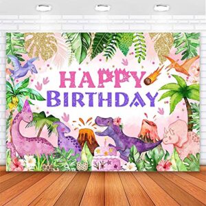 avezano pink dinosaur backdrop dinosaur themed happy birthday party decorations for girls kids birthday party photography background cake dessert table decorations (7x5ft)