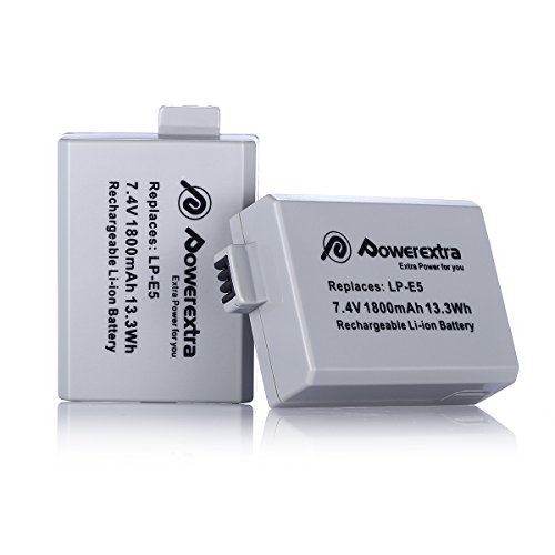 Powerextra 2 Pack LP E5 Replacement LP-E5 Battery Pack for Canon Rebel XS Rebel T1i Rebel XSi 1000D 500D 450D Kiss X3 Kiss X2 Kiss F