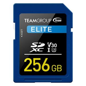 teamgroup elite 256gb uhs-i u3 v30 uhd read speed up to 100mb/s sdxc high speed 4k memory card compatible with canon sony nikon panasonic fujifilm digital camera tesdxc256giv3001