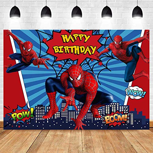 7x5ft Red Spiderman Photography Background Super City Spiderman Boys Kids Birthday Party Backdrops Superhero Citycape Baby Shower Photo Studio Props Banner