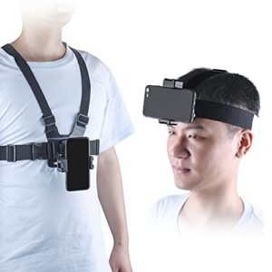 mobile phone chest mount harness strap holder and phone head mount holder kit for shoot pov/vlog compatible with iphone, gopro and dji action 2 camera