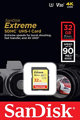 SanDisk 32GB Extreme SDHC UHS-I Memory Card - 90MB/s, C10, U3, V30, 4K UHD, SD Card - SDSDXVE-032G-GNCIN