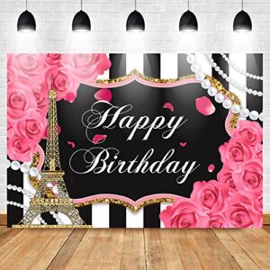 Mocsicka Paris Birthday Backdrop 7x5ft Black White Stripe Pink Rose Effel Tower Happy Birthday Photo Booth Backdrops Sweet 16th Photography Studio Background
