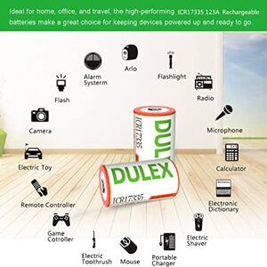 DULEX Arlo Rechargeable Bateries 123A, 800mAH ICR17335 NiMH Bateries Replacement CR123A for Arlo VMS3130 VMC3030 3200 3330 3430 3530 Security Cameras, Alarm System, Flashlight