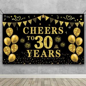 trgowaul 30th birthday/anniversary/wedding decorations for women men, cheers to 30 years banner, black and gold 30th birthday backdrop, 30 bday decorations party banner photography supplies background