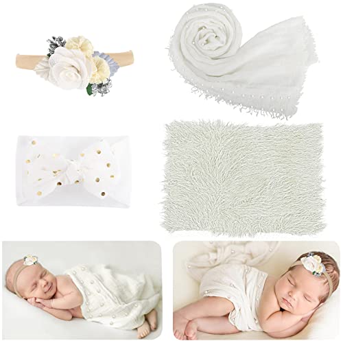 4 PCS Newborn Photography Props Kit, Newborn Photo Props Long Ripple Wraps DIY Blanket with Headbands, White Toddler Baby Photography Wraps Mat for Baby Boys and Girls