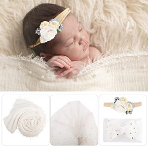 4 PCS Newborn Photography Props Kit, Newborn Photo Props Long Ripple Wraps DIY Blanket with Headbands, White Toddler Baby Photography Wraps Mat for Baby Boys and Girls