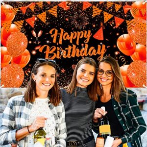 Orange Birthday Banner Decorations Large Orange Black Happy Birthday Banner Backdrop Orange Birthday Sign Photo Booth Background for Women Men Birthday Party Supplies 71x43Inch