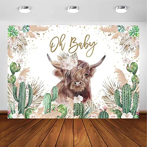 Avezano Oh Baby Backdrop Highland Cow Baby Shower Party Decorations for Boys Girls Mexican Cactus Pampas Grass Floral Baby Shower Photography Background Supplies (7x5ft)