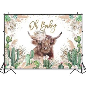 Avezano Oh Baby Backdrop Highland Cow Baby Shower Party Decorations for Boys Girls Mexican Cactus Pampas Grass Floral Baby Shower Photography Background Supplies (7x5ft)