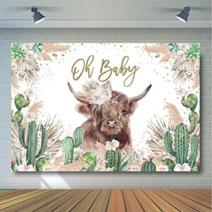 Avezano Oh Baby Backdrop Highland Cow Baby Shower Party Decorations for Boys Girls Mexican Cactus Pampas Grass Floral Baby Shower Photography Background Supplies (7x5ft)