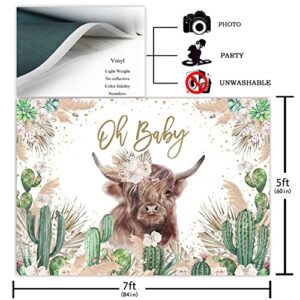 Avezano Oh Baby Backdrop Highland Cow Baby Shower Party Decorations for Boys Girls Mexican Cactus Pampas Grass Floral Baby Shower Photography Background Supplies (7x5ft)