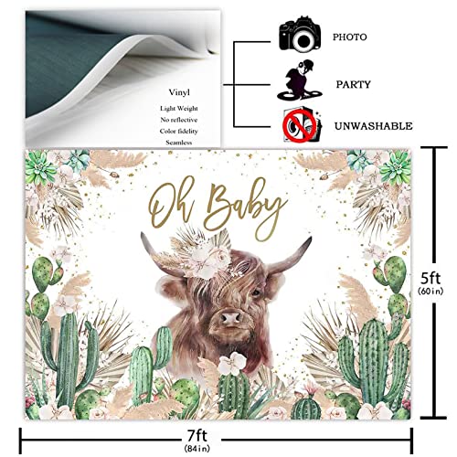 Avezano Oh Baby Backdrop Highland Cow Baby Shower Party Decorations for Boys Girls Mexican Cactus Pampas Grass Floral Baby Shower Photography Background Supplies (7x5ft)