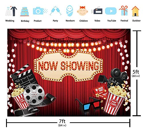 BINQOO 7x5ft Movie Night Backdrop for Birthday Party Movie Theme Now Showing Red Carpet Photography Backdrop and Studio Props Movie Party Ceremony Dress-up Awards Parties Photo Photography Background