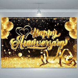 gatherfun happy anniversary banner backdrop anniversary party supplies large black gold photography background poster for wedding anniversary party birthday party decorations
