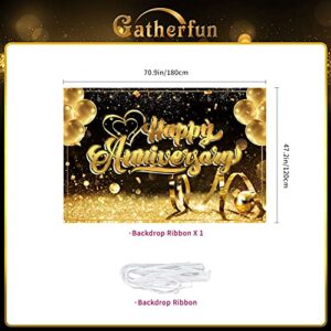 Gatherfun Happy Anniversary Banner Backdrop Anniversary Party Supplies Large Black Gold Photography Background Poster for Wedding Anniversary Party Birthday Party Decorations