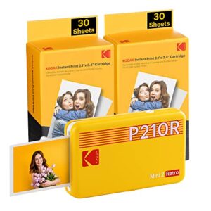 kodak mini 2 retro 4pass portable photo printer (2.1×3.4 inches) + 68 sheets bundle, yellow