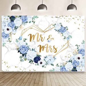 AIBIIN 7x5ft Mr and Mrs Floral Backdrop for Bridal Shower Blue and White Flowers Photography Background Hearts Geometric Couple Wedding Party Decorations Bride to Be Engagement Banner Props