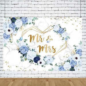 AIBIIN 7x5ft Mr and Mrs Floral Backdrop for Bridal Shower Blue and White Flowers Photography Background Hearts Geometric Couple Wedding Party Decorations Bride to Be Engagement Banner Props