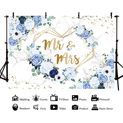 AIBIIN 7x5ft Mr and Mrs Floral Backdrop for Bridal Shower Blue and White Flowers Photography Background Hearts Geometric Couple Wedding Party Decorations Bride to Be Engagement Banner Props