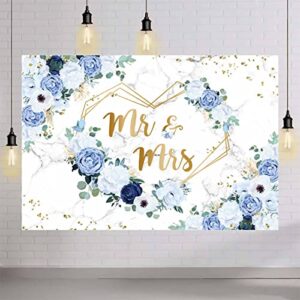 AIBIIN 7x5ft Mr and Mrs Floral Backdrop for Bridal Shower Blue and White Flowers Photography Background Hearts Geometric Couple Wedding Party Decorations Bride to Be Engagement Banner Props