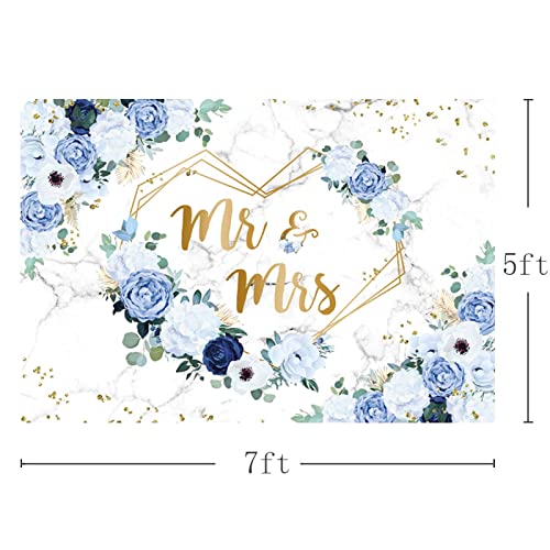 AIBIIN 7x5ft Mr and Mrs Floral Backdrop for Bridal Shower Blue and White Flowers Photography Background Hearts Geometric Couple Wedding Party Decorations Bride to Be Engagement Banner Props