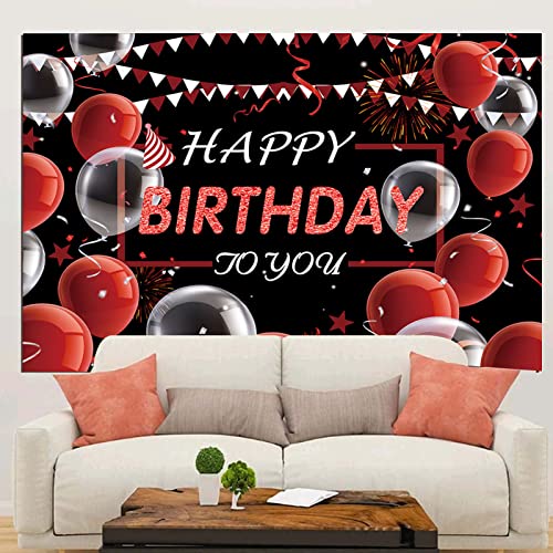 Happy Birthday Photography Backdrop 7x5FT Polyester Red and Black Balloon Confetti Birthday Decoration Photo Booth Background for Kids Men Women Anniversary Birthday Party Banner Supplies