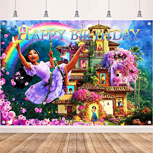 Birthday Party Supplies for Encanto Isabella, Happy Birthday Banner Backdrop Decorations for Girls Kids 5 x 3FT Background Party Decor