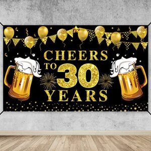 happy 30th birthday banner decorations, black gold cheers to 30 years backdrop party supplies, 30th anniversary photo booth poster sign decor (72.8 x 43.3 inch)