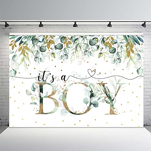 MEHOFOND 7x5ft It's a Boy Baby Shower Backdrop Spring Greenery Eucalyptus Leaves Green and Gold Background Party Decor Banner Cake Table Supplies Photo Booth Studio Props