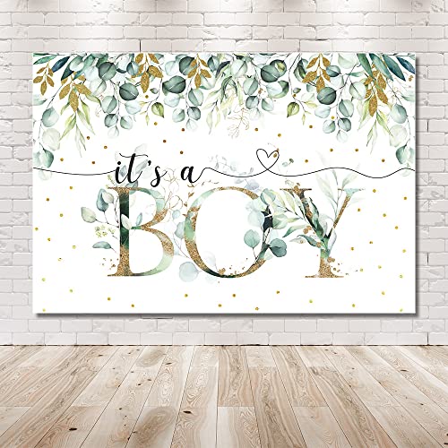 MEHOFOND 7x5ft It's a Boy Baby Shower Backdrop Spring Greenery Eucalyptus Leaves Green and Gold Background Party Decor Banner Cake Table Supplies Photo Booth Studio Props