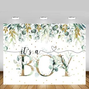 MEHOFOND 7x5ft It's a Boy Baby Shower Backdrop Spring Greenery Eucalyptus Leaves Green and Gold Background Party Decor Banner Cake Table Supplies Photo Booth Studio Props