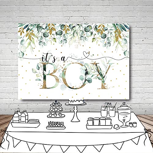 MEHOFOND 7x5ft It's a Boy Baby Shower Backdrop Spring Greenery Eucalyptus Leaves Green and Gold Background Party Decor Banner Cake Table Supplies Photo Booth Studio Props